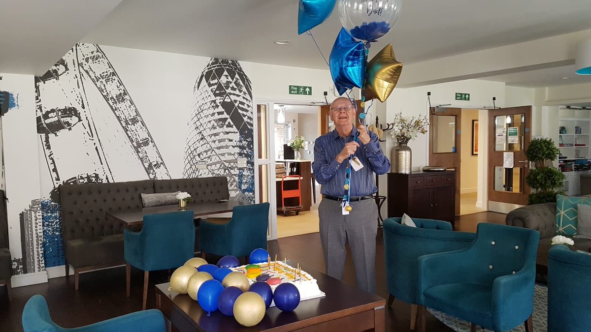 Special BIG birthday for this lovely resident today - #lockdownuk and social distancing is not going to stop his family and staff from marking his special day (no real blowing and 2 m rule adhered to) 🎈🎉🎁#HappyBirthdayLaurie #happyliving @AnchorHanover