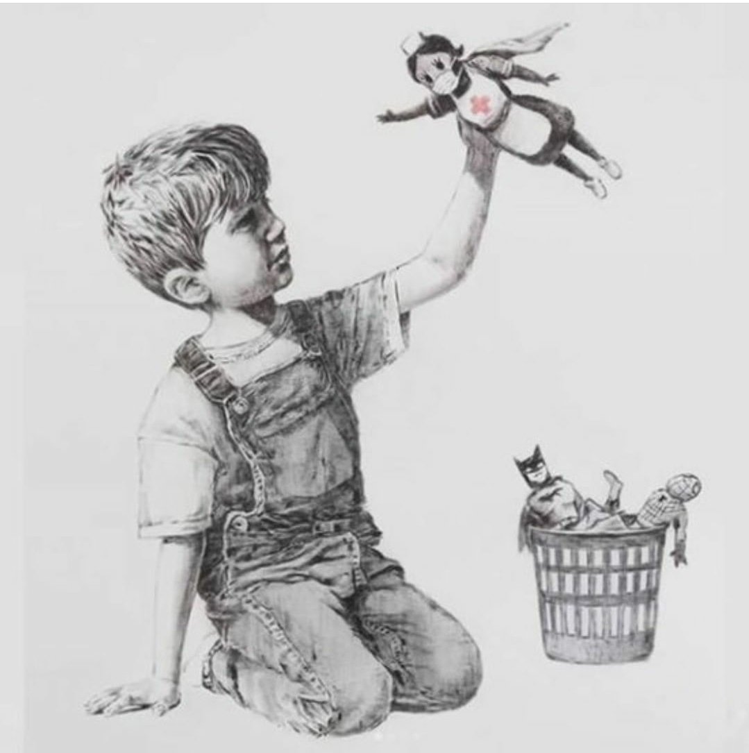 silvivelo's tweet photo. "Game changer" (Cambio de juego). Bansky como siempre fabuloso. 
Hemos cambiado de súper héroes, cambiemos ahora nosostros y hagamos las cosas bien, se lo debemos! 
#Bansky #GameChanger https://t.co/REdvDPo5eF