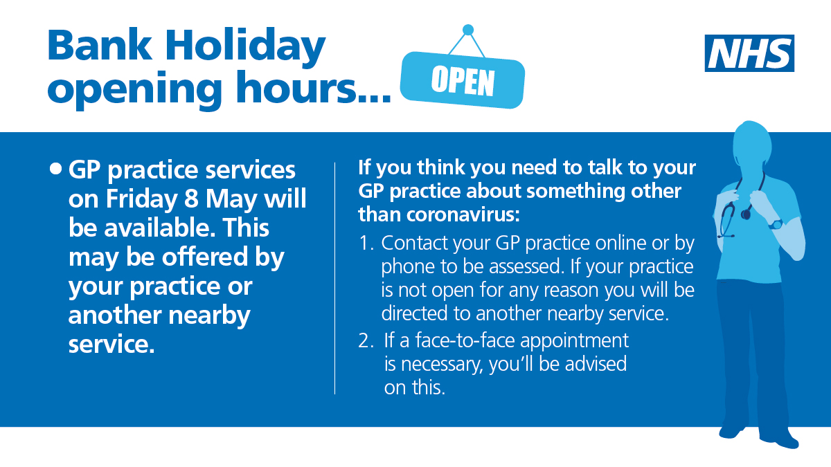 IOWNHS's tweet photo. GP practice services will be available tomorrow (Friday 8th May). 

This may be offered by your practice or another nearby service. https://t.co/JTjQCaSnNl