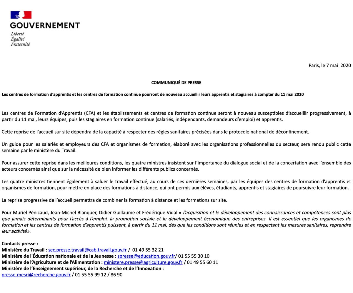 centreinffo's tweet photo. ⭕Les centres de for​mation d’apprentis et les centres de formation continue pourront de nouveau accueillir leurs apprentis et stagiaires à compter du 11 mai 2020. Communiqué @Minist_Travail 

#COVIDー19 #Covid_19 #Covid19 #Coronavirus #Formpro #Cfa https://t.co/idGvburUP7