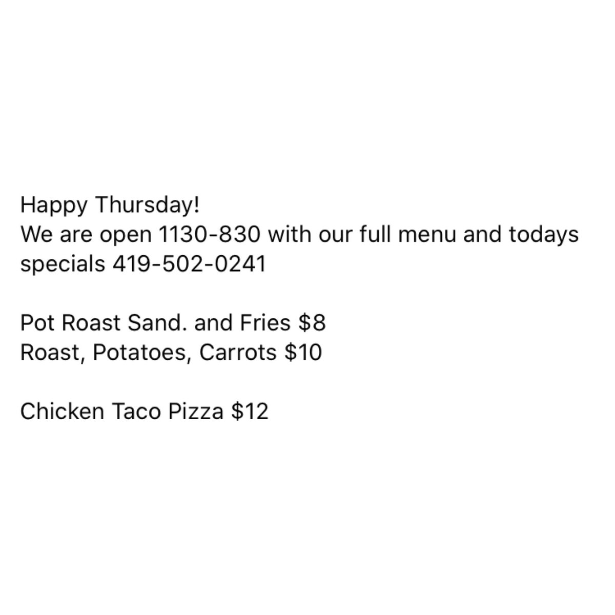 We are now open 11:30a to 8:30p!