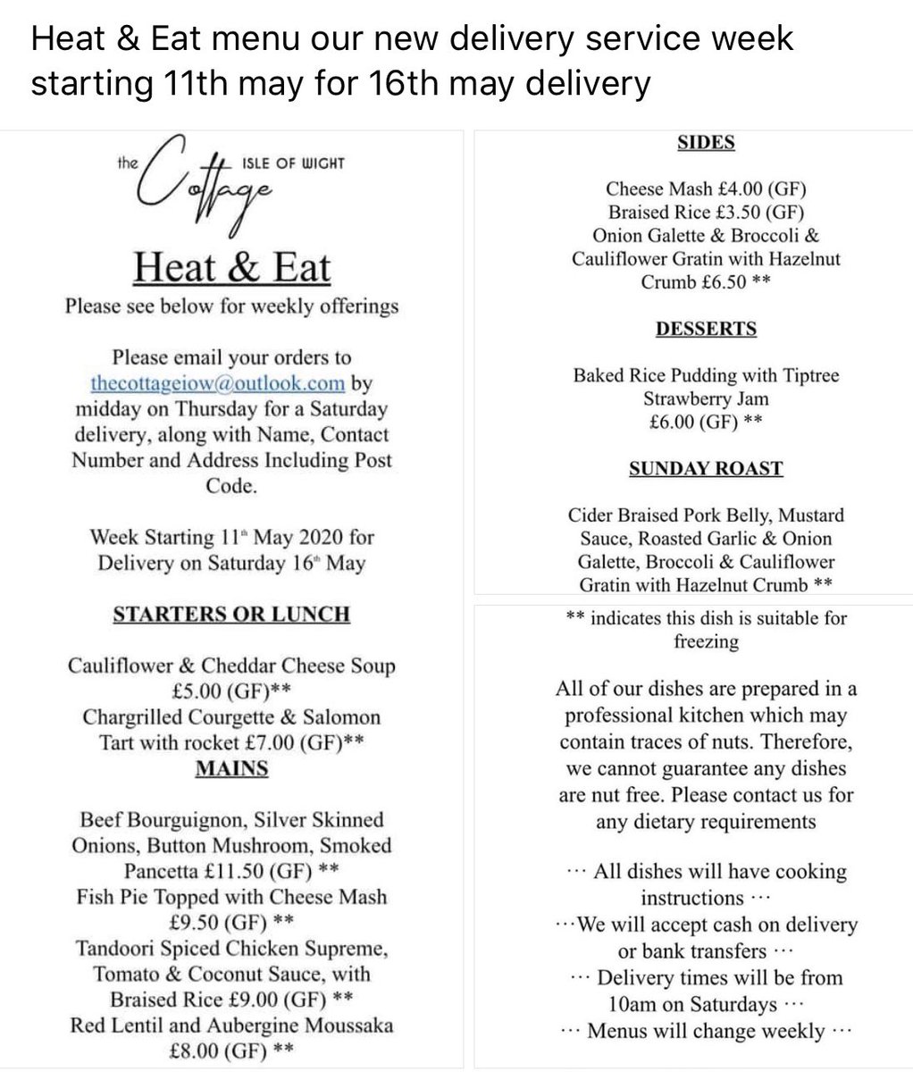 Heat &amp; Eat next weeks menu for delivery on Saturday 16th may