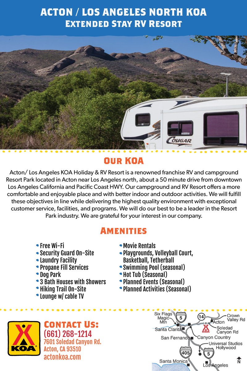ActonKOA's tweet photo. If you are looking for a place to stay long term in your RV, look no further, Acton KOA offers a serene stay in the mountains! Also conveniently located near Los Angeles favorite tourist spots and the PCH.

#rvlife #rvliving #koa #kampgroundsofamerica https://t.co/pSIZua1ldg