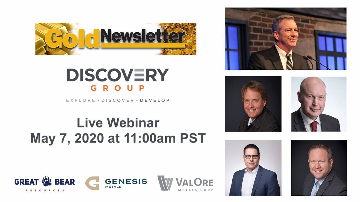 DiscoveryExpl's tweet photo. Today at 11am PST #DiscoveryExpl founder John Robins will feature in a webinar hosted by @GoldNewsletter's @Brien_Lundin. Joined by @GreatBearGBR CEO Chris Taylor, @ValoreMetals CEO Jim Paterson & @GenesisMetals CEO David Terry! Sign up via: https://t.co/w1MJkygdDB https://t.co/PtqSuA4Zjr