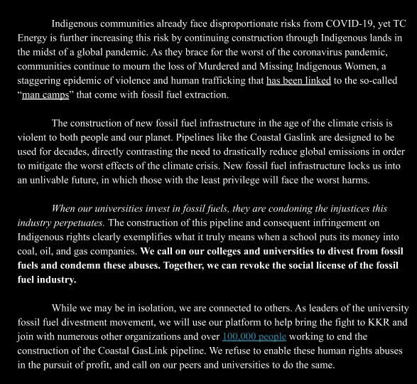 CollegeClimate's tweet image. 50+ colleges and universities have released a statement condemning the unjust investment decisions of KKR, the construction of the Coastal GasLink Pipeline, and the vile human rights abuses Indigenous peoples are facing as a result. Protect Indigenous rights. Protect the planet.