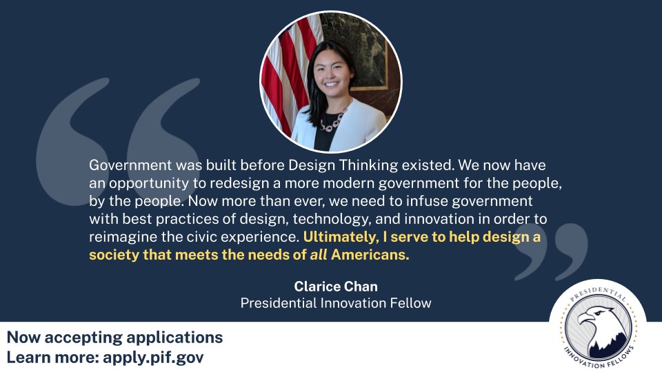 Fellow Clarice Chan (@ClariceChan) uses her expertise in #DesignThinking to create experiences that meet the needs of all Americans. As she says, government services should meet our people where they are. 💛 Learn more: presidentialinnovationfellows.gov/fellows/claric… #PublicServiceRecognitionWeek #PSRW