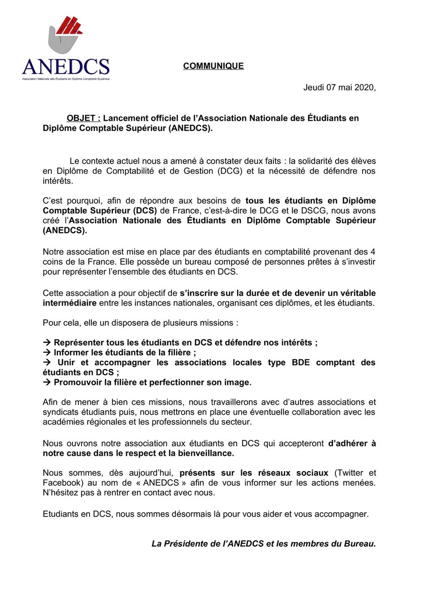 anedcs's tweet photo. ❌ [COMMUNIQUE] - LANCEMENT OFFICIEL DE L’ANEDCS : Association Nationale des Étudiants en Diplôme Comptable Supérieur (#DCG et #DSCG).

Suivez-nous afin d’être informés des actions menées. 

Pour en savoir plus sur nous et nos missions ⬇️ https://t.co/ekvAMfq0jb