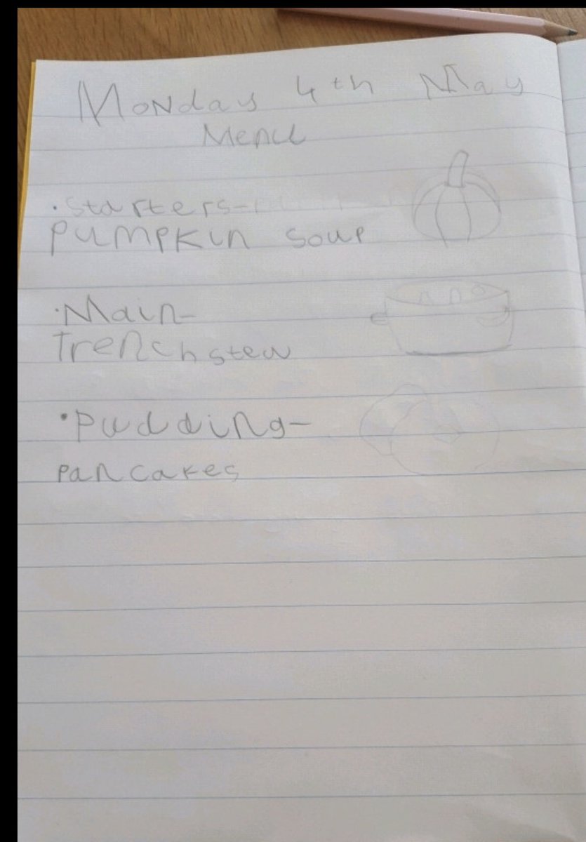 Smith_SMCA's tweet photo. Amelia-Grace writing a fantastic menu as part of her VE Day learning! Superstar! She’s also been working hard on her doubles 👍🏻 #superstar #fantastichomelearner #nothingstopsher #proudteacher https://t.co/rArWNJi90p