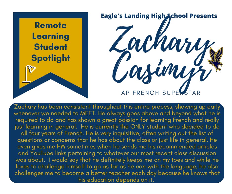 ELHS_HCS's tweet image. Zachary Casimyr is our next SENIOR Remote Learning Student Spotlight! Nominated by Ms. Toppin, Zachary goes above and beyond, making him an AP French Superstar! @DrKeshaJones1 @KindraTukes @drwilliams08 #ELHSRemoteLearningSpotlight #RemoteLearninginHenry  #studentsintherace