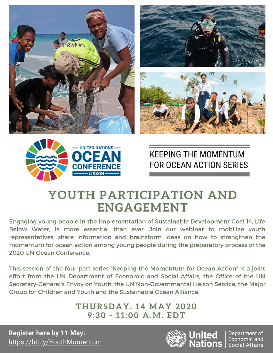 To keep the momentum for #oceanaction, join the webinar on Youth Participation and Engagement in the implementation of #SDG14 on May 14. 
Register by May 11 bit.ly/YouthMomentum 👈 and be a part of the conversation on how to #saveourocean 🌊
