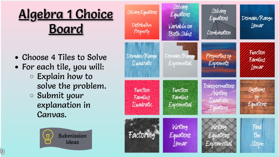 CoachOgroske's tweet photo. So thankful for our #DLC @themrmcewin!! He created these choice boards for my two subjects and helped us integrate it into @CanvasLMS @2018Memorial #PAPGeometry #Algebra1 #amazed #thankful #eLearning https://t.co/e6jrUzgMcq