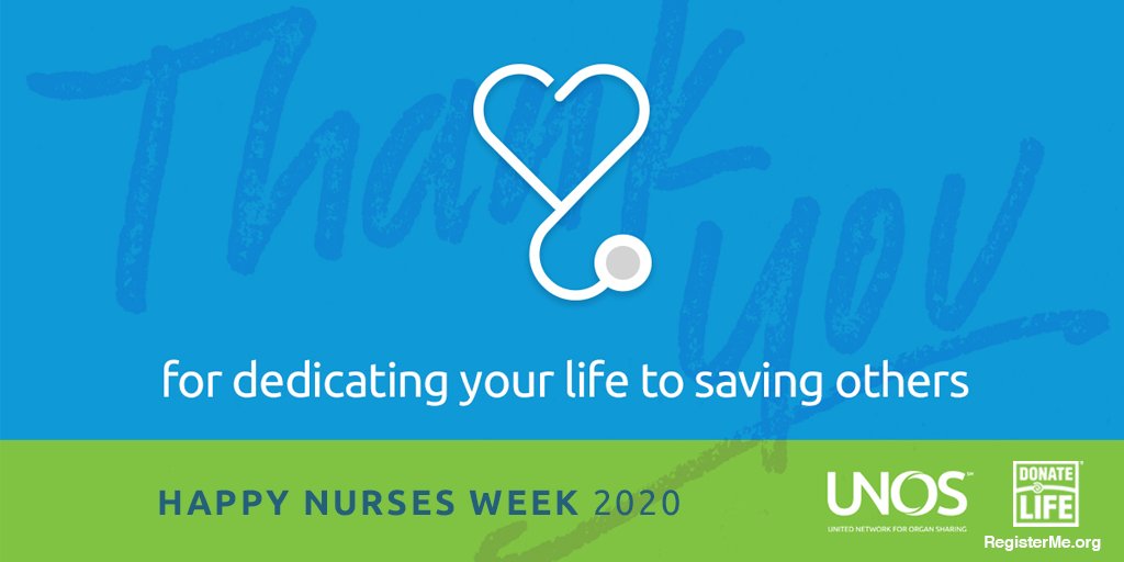 DonateLife's tweet photo. Happy #NursesWeek! Thank you to all the nurses in donation &amp; transplantation and on the healthcare frontlines for your dedication and compassion in saving lives. Please take time to thank all of the amazing nurses in your life this week! 💙💚 #DonateLife #NursesWeek @UNOSNews https://t.co/go27XECm6F