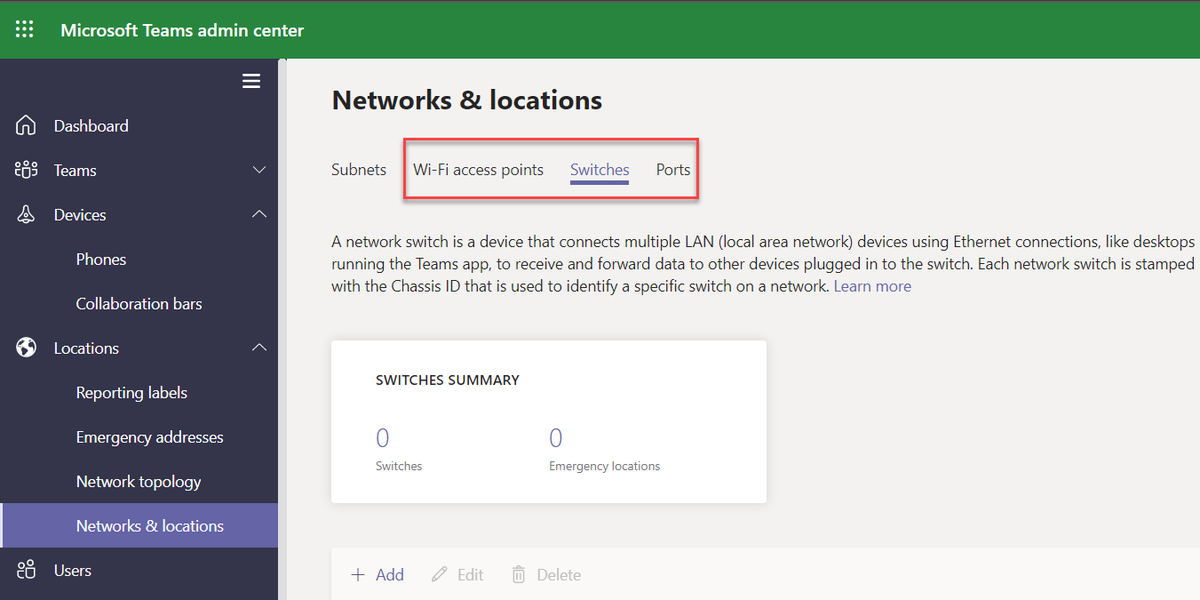 TrevorAMiller's tweet photo. Eye spy with my little eye...

#MSTeams admin center now shows subnet/WAP &amp; LLDP-MED MAC info (switch/port) under "Networks &amp; Locations". PowerShell still king for bulk import but this is a welcome add. https://t.co/ZLzi6NuYTx