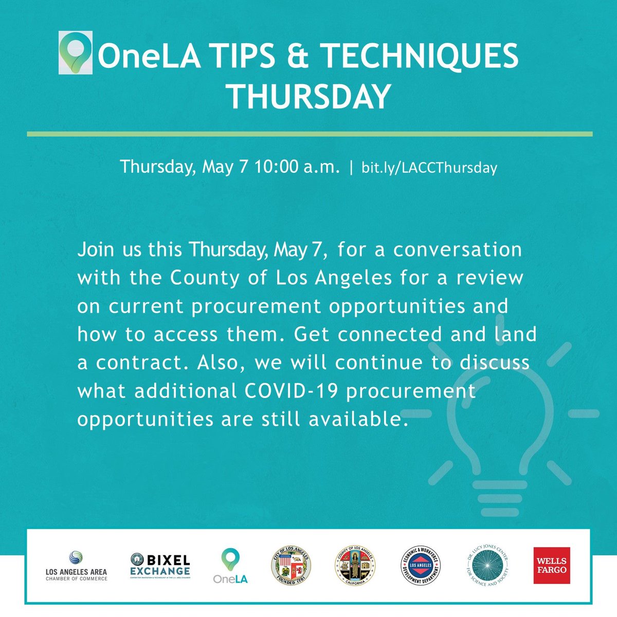 If you're looking to learn about current procurement opportunities and how to access them our friends at @bixelexchange are hosting a session today at 10am with the County of Los Angeles! 🙋

Signup today: buff.ly/2WzBCsq

#oneLA #community #resources