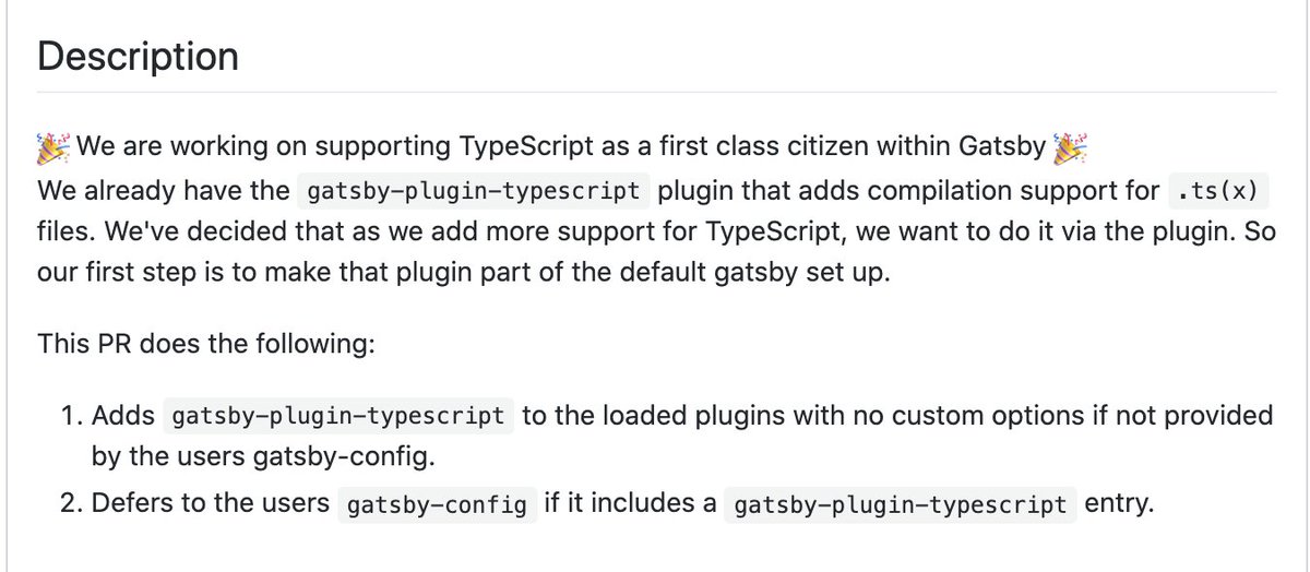 GatsbyJS's tweet image. 🎉New in Gatsby: Native #TypeScript support!
➡️Gatsby core now includes gatsby-plugin-typescript so your project will build TypeScript and TSX files by default!
github.com/gatsbyjs/gatsb…
This change marches us closer to @typescript as a first-class citizen within Gatsby👨🚀