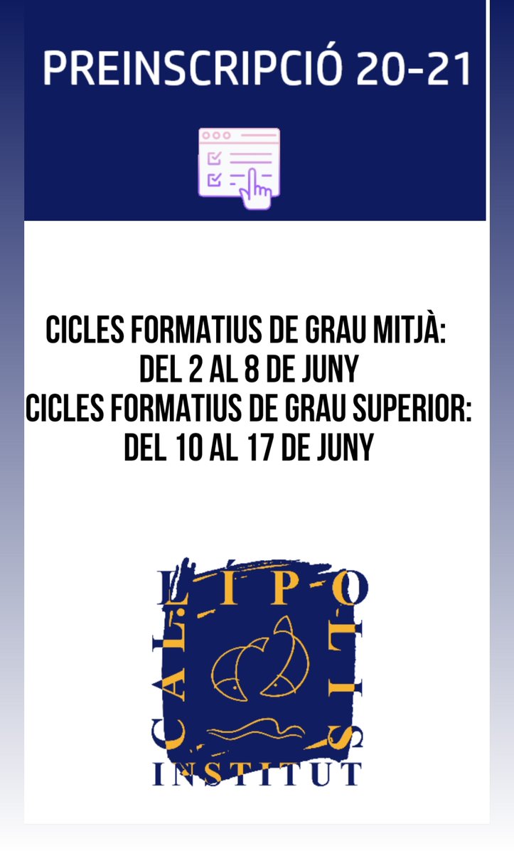 ICallipolis's tweet photo. Dates de preinscripció a Cicles Formatius deGrau Mitjà i Superior publicades per @educaciocat. Tan aviat tinguem més informació us la farem arribar. 
#preinscripcio20-21 #CallipolisFP #formacioprofessional #FP #FPdual #sanitat #esports #imatgepersonal. https://t.co/hzcKfW7vlx