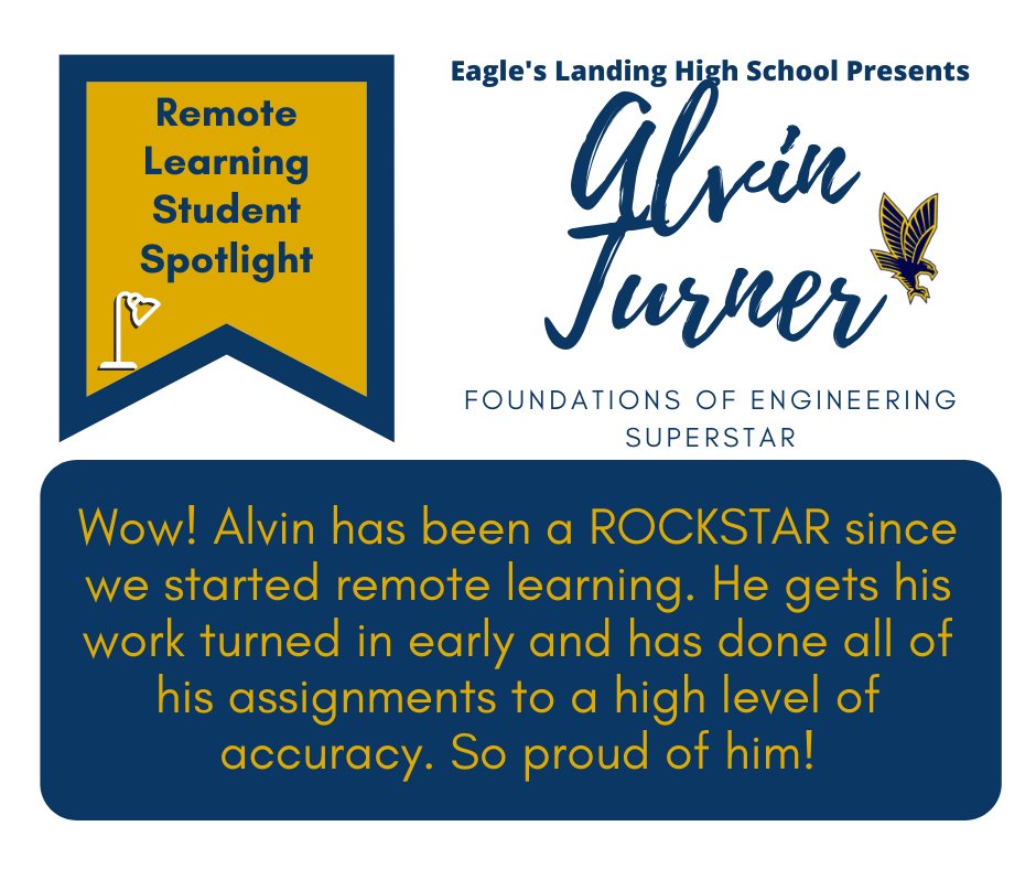 ELHS_HCS's tweet image. Ms. Bell nominates our next Remote Learning Student Spotlight - Alvin Turner! He has been a Foundations of Engineering ROCKSTAR! @DrKeshaJones1 @KindraTukes @drwilliams08 #ELHSRemoteLearningSpotlight #RemoteLearninginHenry  #studentsintherace