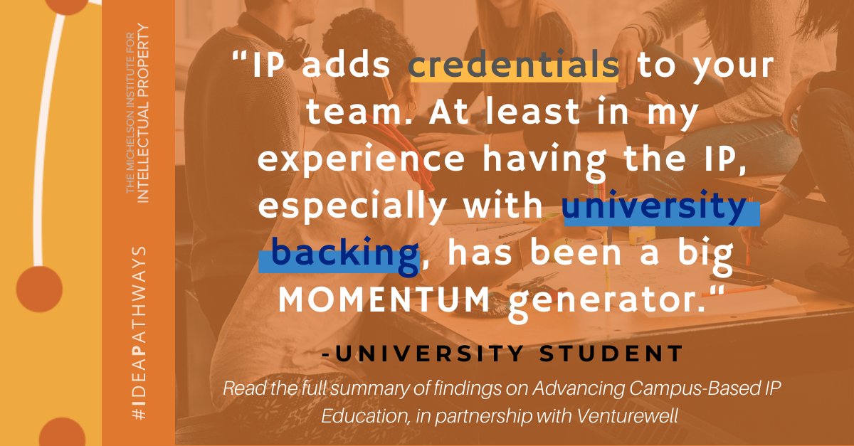 Michelson20MM's tweet photo. This spring, #MichelsonIP partnered with @venturewell to conduct a study with faculty and students about the challenges they face around #IP education. Weβve recapped the key findings from the study here:
https://t.co/NgnnqpXPKu
#TeachIP #IdeaPathways #entrepreneurshipeducation https://t.co/v2X0tAhp84