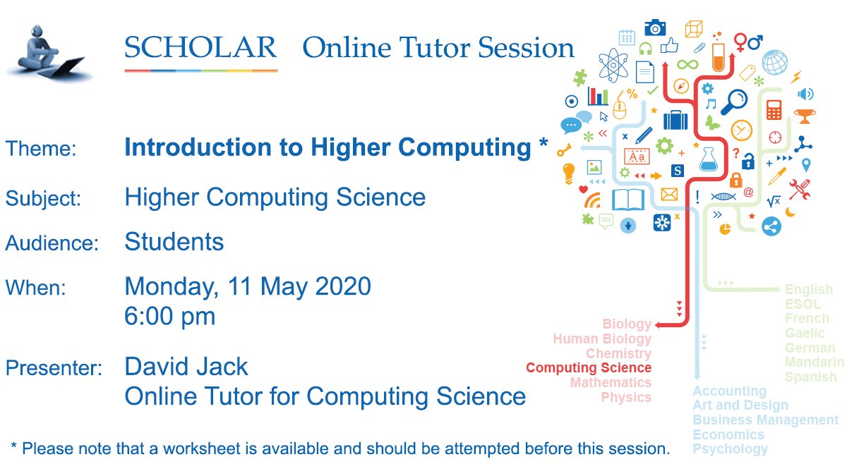 ScholarUK's tweet image. Moving on to Higher Computing?
Join us today at 6:00 pm, Monday 11 May
heriot-watt.adobeconnect.com/scholartutorse…
#HigherComputing #supportingyourlearning