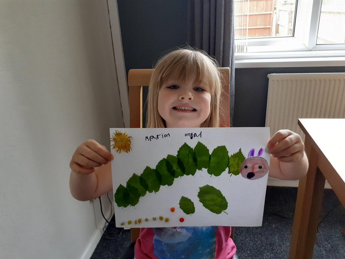 Linzi19871's tweet photo. Marion made this picture of the hungry caterpillar from leaves &amp; flowers collected on her walk :)  @StTomMore https://t.co/TSaT4FjxNf