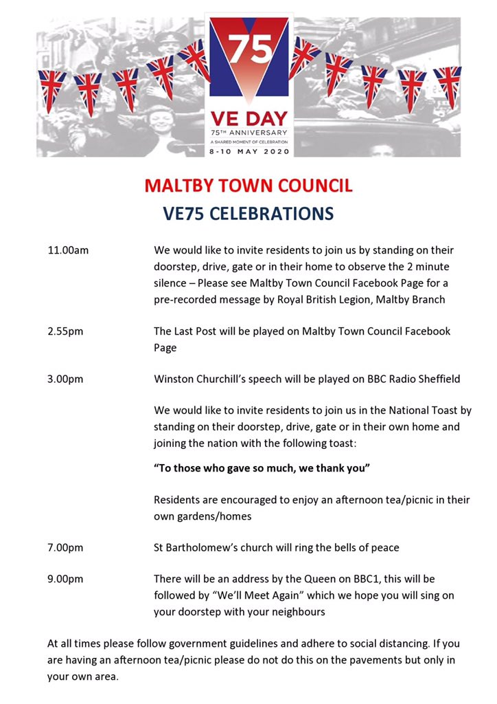 Maltby VE75 Celebrations, we hope you will join us. Please adhere to government guidelines and stay safe! #maltby #VEDay75 #VEDayAtHome