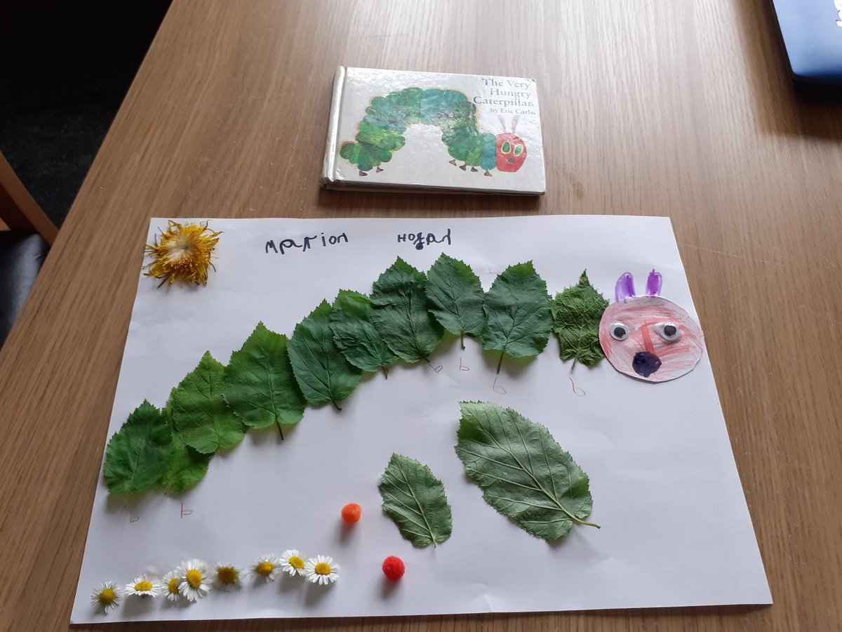 Linzi19871's tweet photo. Marion made this picture of the hungry caterpillar from leaves &amp; flowers collected on her walk :)  @StTomMore https://t.co/TSaT4FjxNf