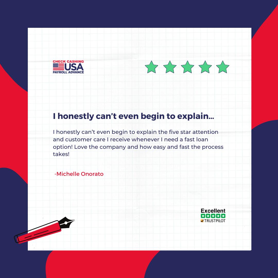CheckCashingUSA's tweet photo. We couldn't be happier knowing that we have provided you with excellent service Michelle! ❤️

#CheckCashingUSA #CheckCashing #Feedback #PaydayLoans #PersonalLoans #PaydayAdvance #Loans #CashAdvance https://t.co/v7jgJpwL4P