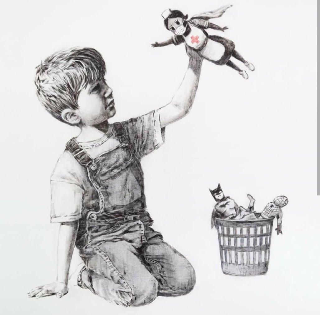 RaniaMachlab's tweet photo. #Banksy did it again! Ahead of #Redcrossday and #Redcrescentday he pays tribute to volunteers and health workers fighting the spread of #Covid_19. Happy 8th of May to all real life #superheroes. https://t.co/S7T3FB5qnb