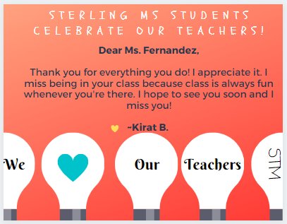 SraFernandezP's tweet photo. I love my students! Thank you so much!!! @SterlingMiddle1 https://t.co/TgchIB8gxE