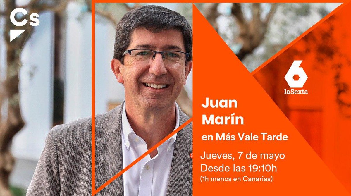 CiudadanosCs's tweet photo. 🔛 ¡Sigue la actualidad de este jueves!
📺 En unos minutos @JuanMarin_Cs será entrevistado en el programa @MVTARDE en @laSextaTV.
😉 ¡No te lo pierdas! Síguelo #EnDirecto con nosotros en este enlace 👉 https://t.co/DzWOLAEWfA https://t.co/xSIxIY6W3p