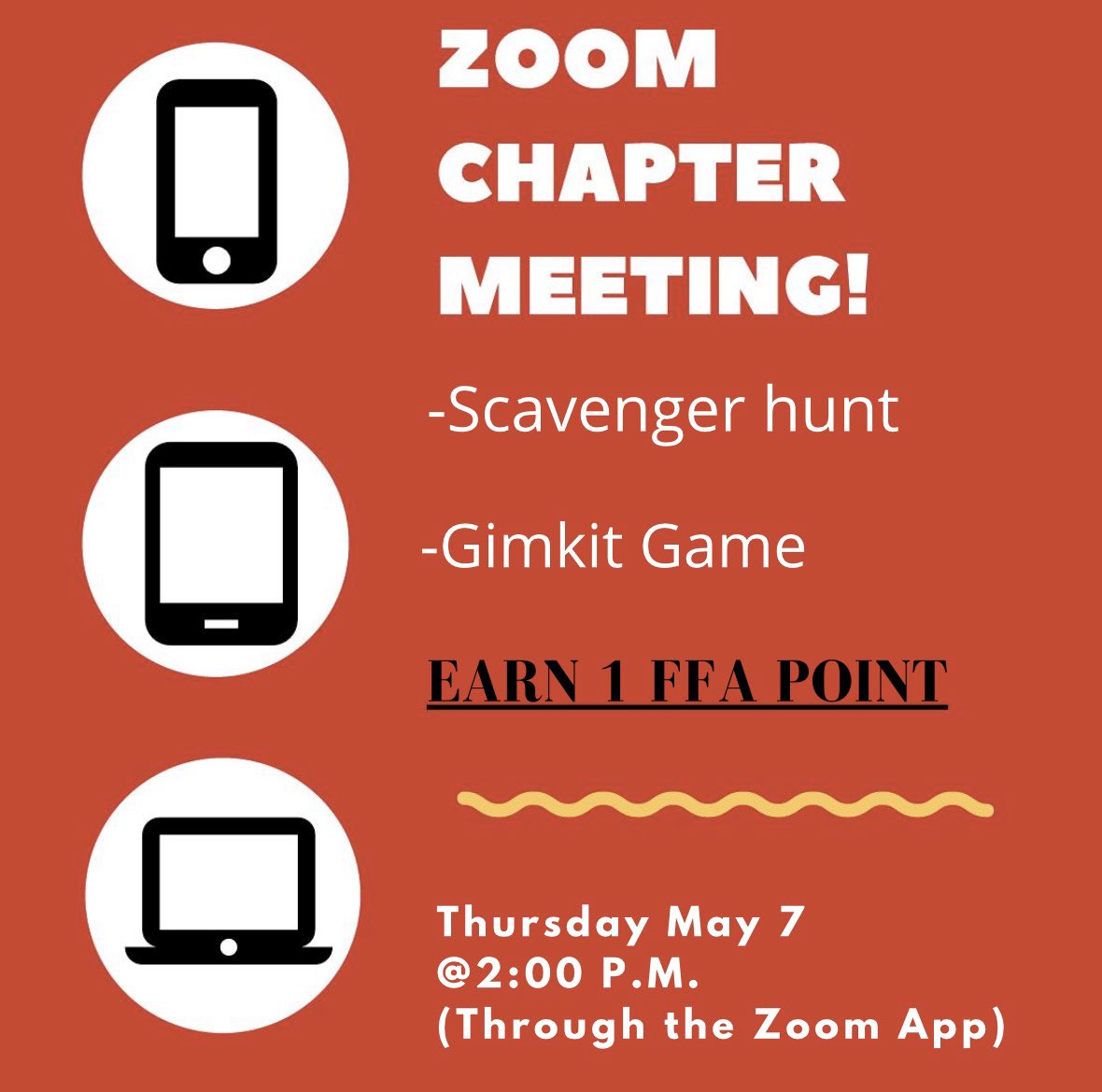 Don’t forget , today is our virtual chapter meeting. This is a great opportunity to get an FFA point.