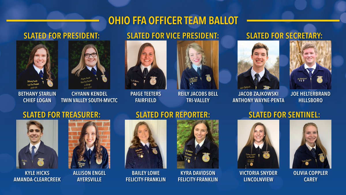 OhioFFA's tweet photo. Congratulations to these members for earning a spot on the 2020-2021 Ohio FFA Officer Team ballot!

Watch the announcement here: https://t.co/LsQlb2NKjz

#CelebrateOHFFA https://t.co/AnjBfGw9PX