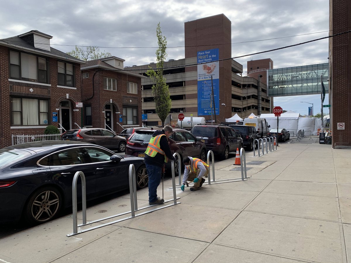 nyc dot on twitter dot is installing bike parking at hospitals to serve healthcare workers traveling to from work by bikenyc during covid 19 more info https t co uvqr5wwl56 bikecorral installation at maimonides hospital in dot is installing bike parking