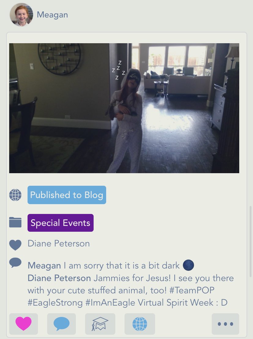 Comfy working at home and Zoom Chapel today because it’s Jammies for Jesus! Virtual Spirit Week #TeamPOP #EagleNation #ImAnEagle