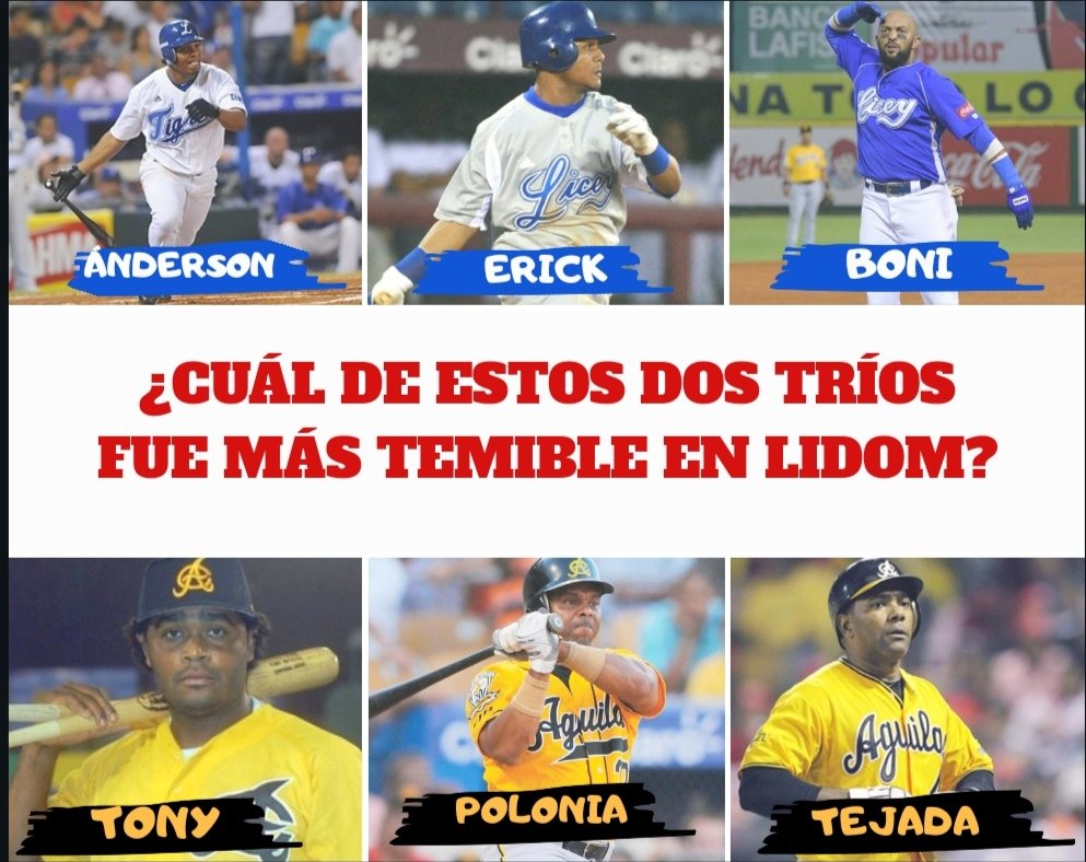 IvanJoelRamos's tweet photo. A propósito del tema surgido ayer en la @vozdelfanatico ¿Cuál de estos dos tríos fue más temible en @LIDOMRD ? 
.
.
Si hay más tríos así menciónalos! 
.
#polonia #tejada #tony #elboni #erickaybar #andersonhernandez https://t.co/JMU0zHEFe3