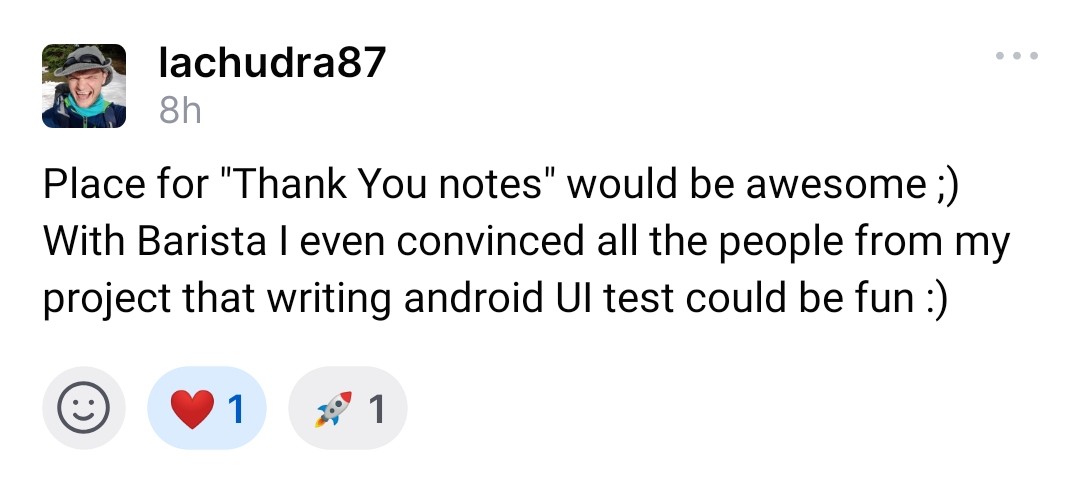 sloydev's tweet image. La comunidad puede ser maravillosa! 😍 Es un orgullo saber que Barista ayuda y gusta tanto a la gente ☕ #AndroidTesting #AndroidDev @AdevintaEng github.com/AdevintaSpain/…