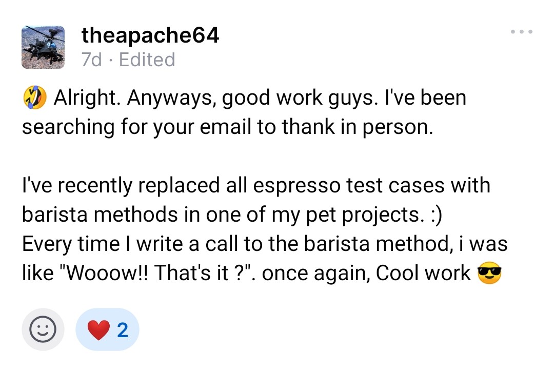 sloydev's tweet image. La comunidad puede ser maravillosa! 😍 Es un orgullo saber que Barista ayuda y gusta tanto a la gente ☕ #AndroidTesting #AndroidDev @AdevintaEng github.com/AdevintaSpain/…