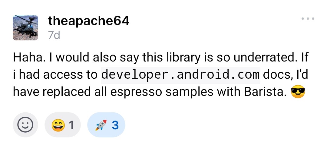 sloydev's tweet image. La comunidad puede ser maravillosa! 😍 Es un orgullo saber que Barista ayuda y gusta tanto a la gente ☕ #AndroidTesting #AndroidDev @AdevintaEng github.com/AdevintaSpain/…