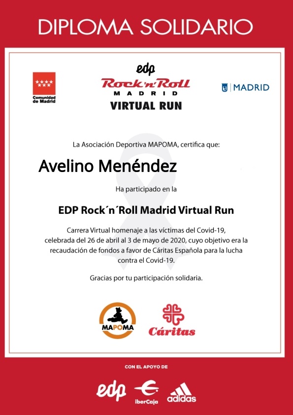 AvelinoMenendez's tweet photo. Reto finalizado del 26 abril al 3 de mayo. Mi segunda carrera virtual y mi primera maratón virtual 42Km en casa. Gracias por esta experiencia maravillosa, y a una twittera que por ella supe de esta @RNRmadmaraton @EnergiaEDP @_CARITAS @AD_MAPOMA #MadridVirtualRun #YoMeQuedoEnCasa https://t.co/C8vuVUj5ql