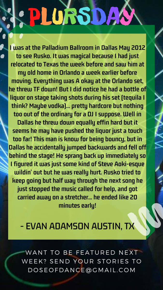 DoseofDancetx's tweet photo. Kicking off our #plursday project with a story from Evan from Austin, Texas! Who else remembers this Rusko show??๐ณ๐ฑ
Got a crazy story you think deserves to be shared next Thursday? Send them in to doseofdance@gmail.com ๐ฅ https://t.co/c7lyw94Tsz
