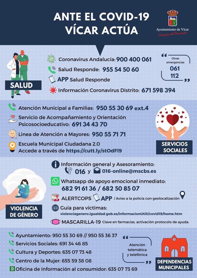 Aytovicar's tweet photo. VÍCAR ACTÚA.
Durante el confinamiento el Ayuntamiento de Vícar ha puesto a disposición todos los teléfonos de interés durante el COVID19 y para facilitar la búsqueda @LuzVicar @VLIDUENA 
#ViveVicar https://t.co/AFMv1D5BeG