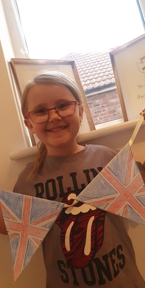 lyndshurst's tweet photo. @StMarysBB18 Holly has loved learning about VE day and has been making bunting for all her neighbours. Tomorrow she will be celebrating by looking at her great grandfather's war time pictures and medals #VEDayAtHome #VEDay https://t.co/wFLnNhkuDY