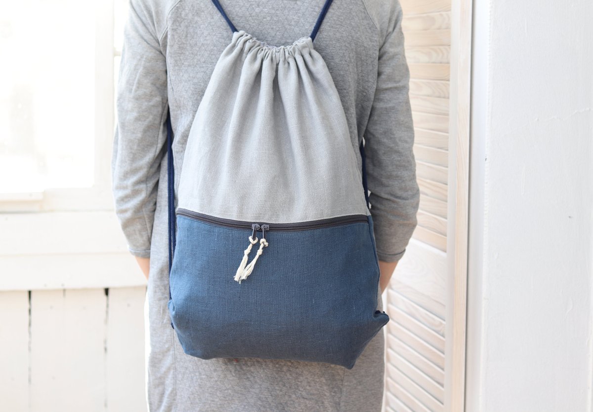Linen backpack with zippered pocket, blue lightweight travel gift etsy.me/2zmEd12 #gray #blue #drawstringbackpack #backpackforman #backpackforwoman #monogrammedbag #lightweightbag #gymbagwoman #turnbeutel