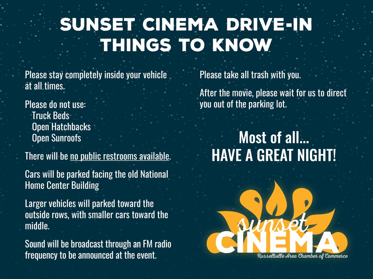 We are so happy that we're getting to do Sunset Cinema on Friday night, even during this challenging time!  We want to do our best to keep everyone safe, so we have a few things to know before you go! #i❤️russellville