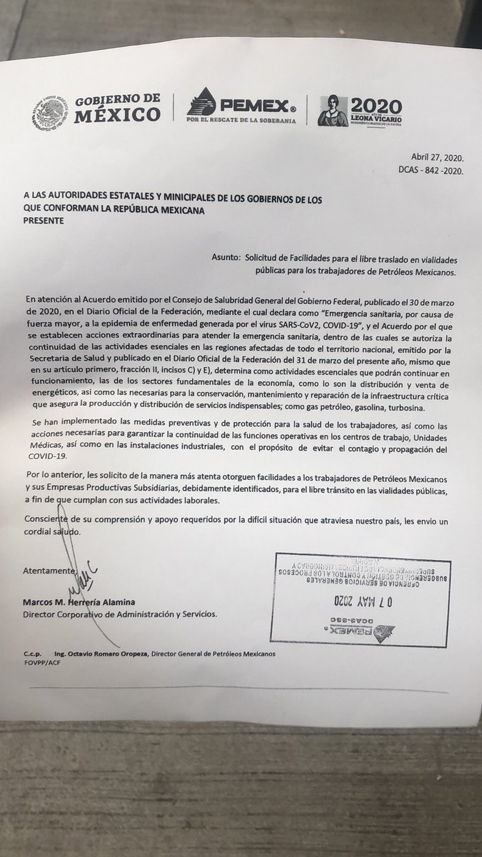 alanlalo's tweet photo. @SCT_mx buenas tarde, hago labores operativas y esenciales  en mi empresa, puedo circular en el hoy no circula? Con este oficio? https://t.co/ULsr8CDRN9