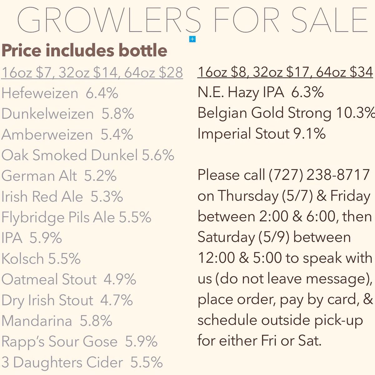 WoodwrightBrew's tweet photo. Our to-go menu has continued to expand. New for this week: 32oz Crowlers of our Hefe &amp; IPA for only $12 (while supplies last). We’re also offering BOGO on bottles of wine! See all photos for our menus for Beer, Wine, and Hats. Call (727) 238-8717 to place your order today 2-6pm. https://t.co/ne4uawwAi5