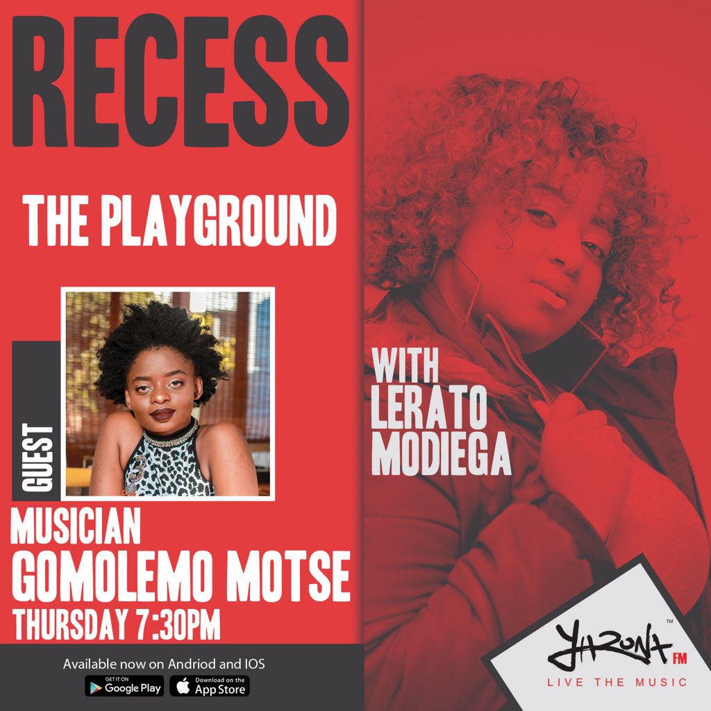 _Elevam's tweet photo. Be sure to tune into @TheRealYaronaFM at 1930 to catch @gomolemo_motse’s radio interview with @Lerimodiega on her show Recess as they talk about her music and future plans. https://t.co/v25R4GaenQ