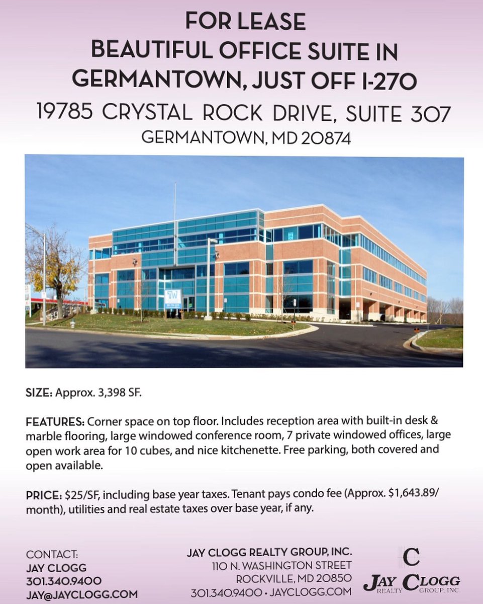 FOR #LEASE✨Beautiful #Office Suite in #Germantown, #MD!✨Corner suite on top floor. Reception area with built-in desk &amp; marble floor, conference room, 7 private offices, large open work area, &amp; kitchenette. Contact Jay@JayClogg.com #cre #mdrealestate #realestate #mdcommercial 🏢