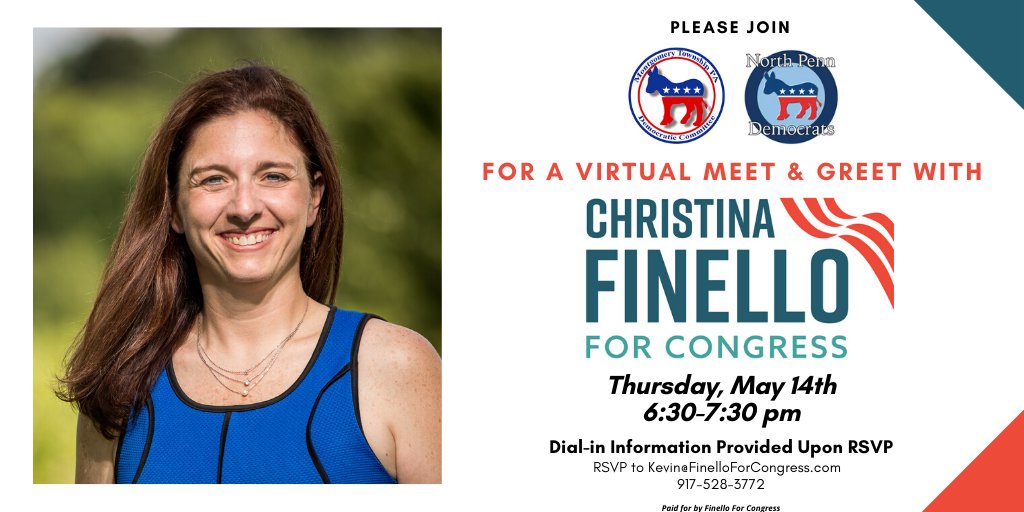 MontTwpDems's tweet image. Please join us for a virtual meet and greet with @FinelloForPA on May 14th.  ChristinaFinello is the champion that #PA01 needs.  It&apos;s time to get rid Trump lapdogs like #BrianFitzpatrick who only pretend to reflect our values when it is convenient.  #DitchFitz #VoteBlue on June 2