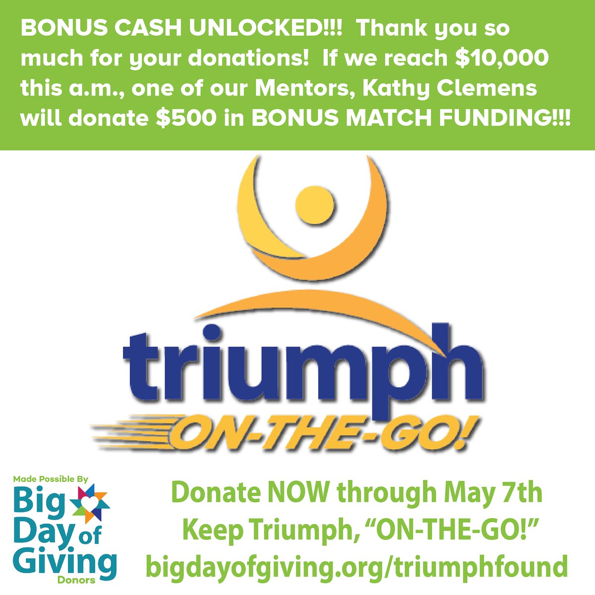 Please donate now to get match funded by #TriumphFitness Mentor, Kathy Clemens!  #givehope #givetriumph